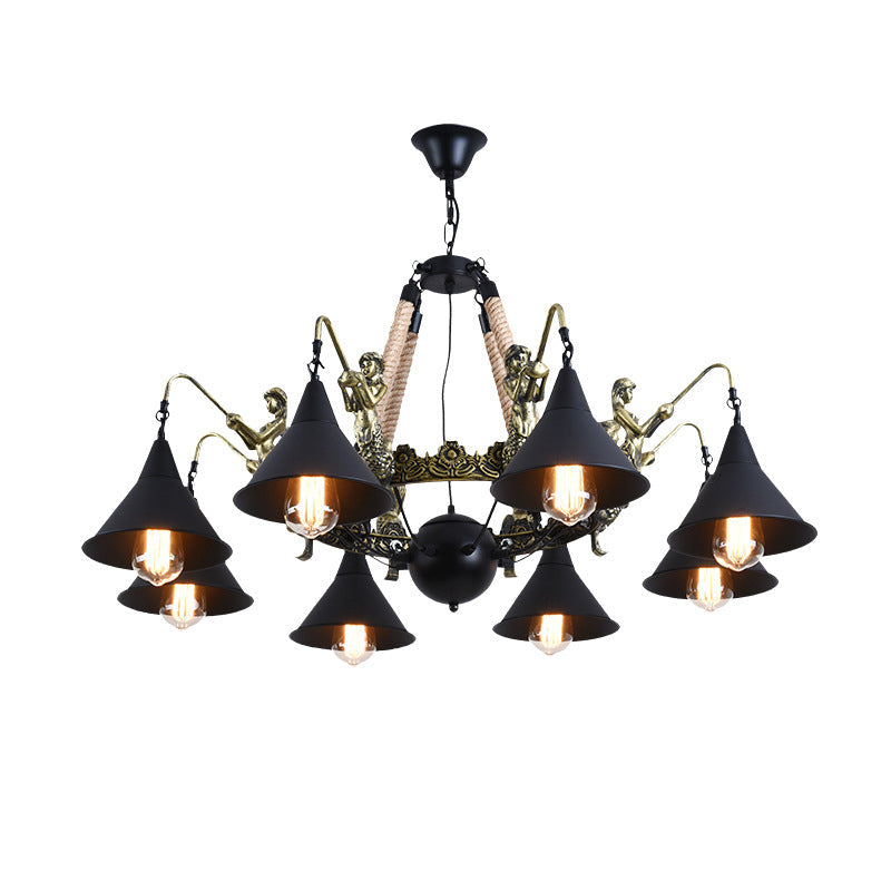 Industrial Bell Chandelier - Metal And Rope Suspension Light With Mermaid Deco Black (6/8 Bulbs)