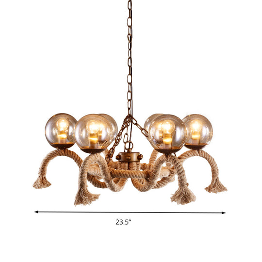 Retro Rust Finish Chandelier - 6 Lights Global Lighting Rope Suspension Smoke Grey Glass Shade