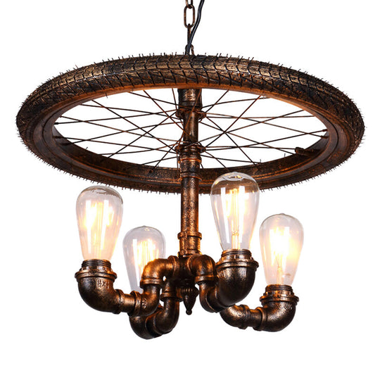 Vintage Metal Chandelier - 4 Lights Rust Pendant Light With Pipe Wheel Design For Living Room