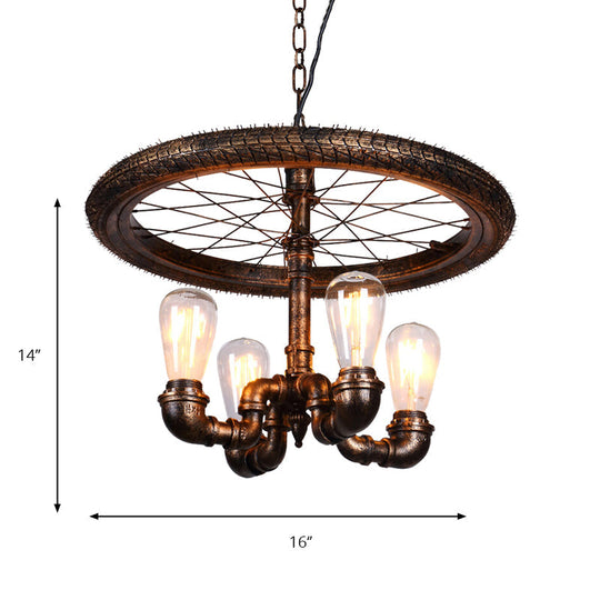 Vintage Metal Chandelier - 4 Lights Rust Pendant Light With Pipe Wheel Design For Living Room
