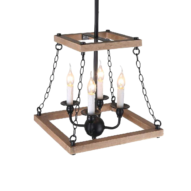 Farmhouse Metal And Wood Trapezoid Chandelier With Flameless Candle - 4-Light Hanging Lamp