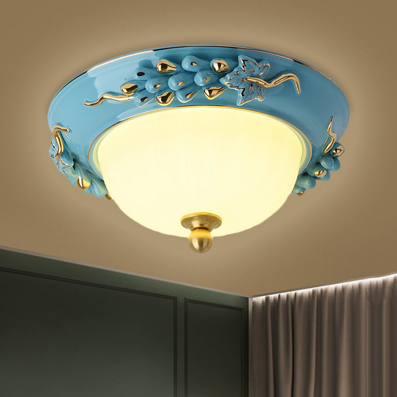 12’/14’ Blue Led Ceiling Flush Mount With Antiqued Opal Glass Floral Design Warm/White Light