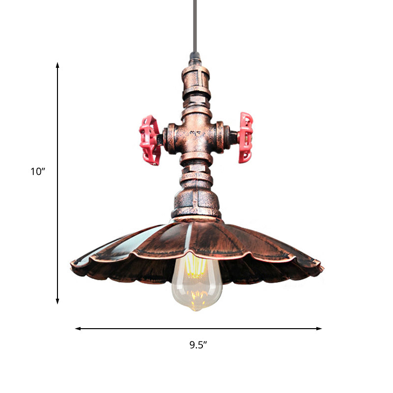 1 Light Rustic Scalloped Edge Ceiling Pendant In Brass/Weathered Copper With Pipe & Valve