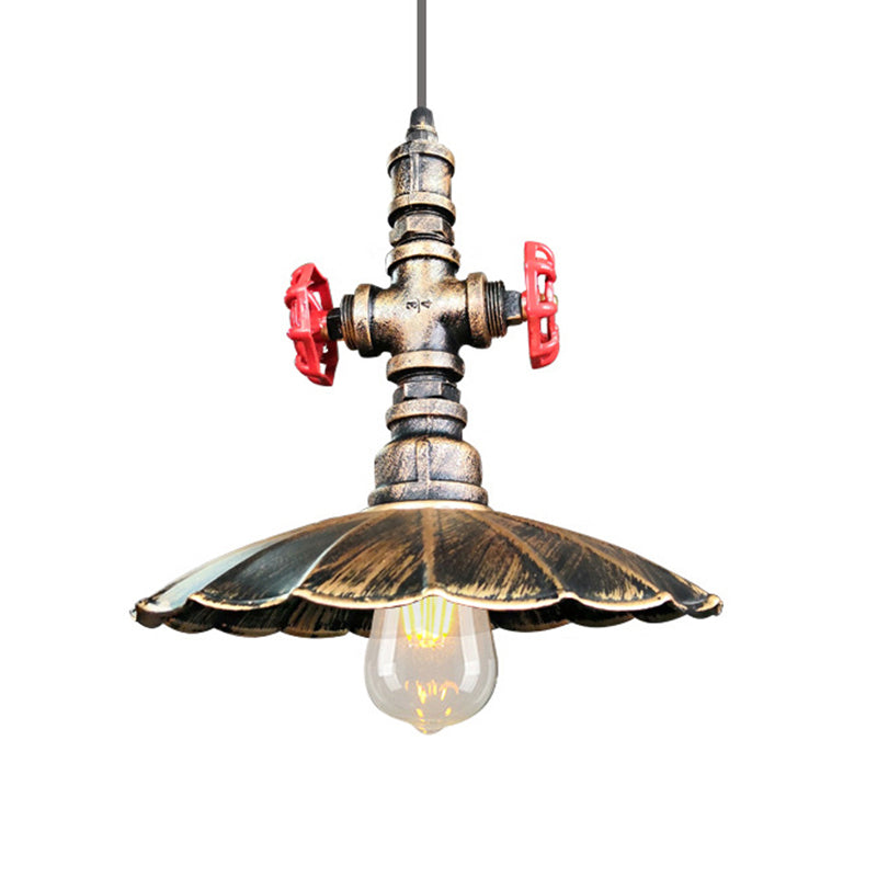 Rustic Brass Scalloped Ceiling Pendant Light With Pipe And Valve