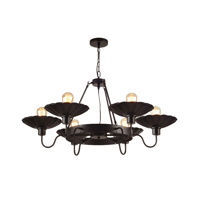 Vintage Style Restaurant Chandelier - 6 Head Down/Up Light With Scalloped Shade In Black