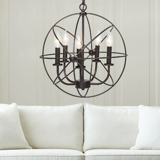 Vintage Metal Strap Globe Chandelier Pendant Light - 5 Bulb Hanging Lamp In Black Ideal For