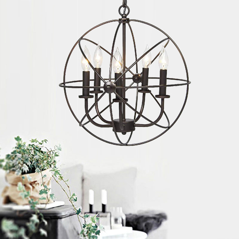 Vintage Metal Strap Globe Chandelier Pendant Light - 5 Bulb Hanging Lamp In Black Ideal For