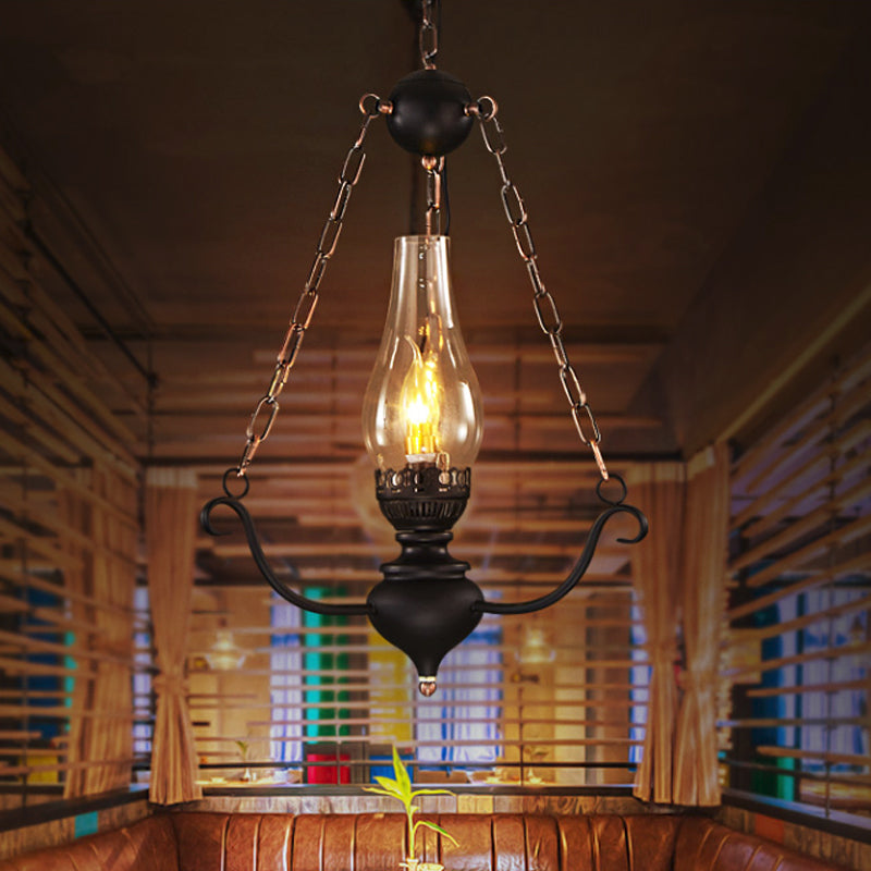 Modern Farmhouse Ceiling Light With Elongated Clear Glass Pendant And Black Chain Decor