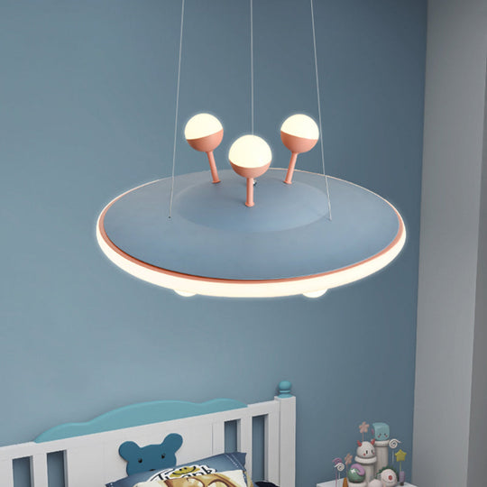 Kids Bedroom Ceiling Chandelier - Cartoon Ufo Metal Led Pendant Light In Pink/Blue