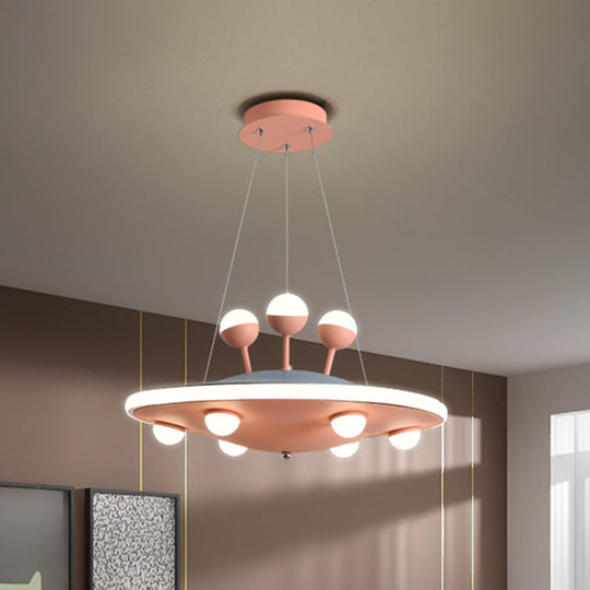 Kids Bedroom Ceiling Chandelier - Cartoon Ufo Metal Led Pendant Light In Pink/Blue Pink