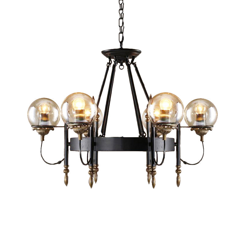 Industrial 6-Light Clear Glass Globe Chandelier With Clock Detail - Modern Pendant Light For Living