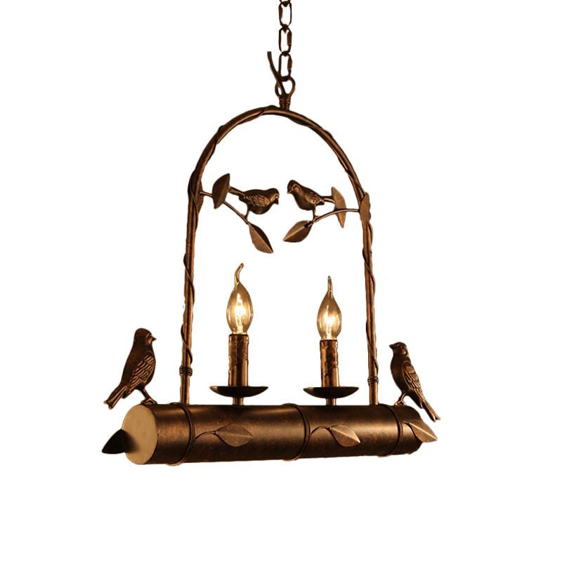 Lodge Birdcage Chandelier Lamp With Flameless Candle - Wrought Iron Pendant Lighting In Dark Rust