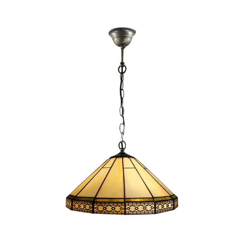 Mission Cut Glass Cone Hanging Light Fixture - Antique Brass Suspension Pendant (8’/12’/16’