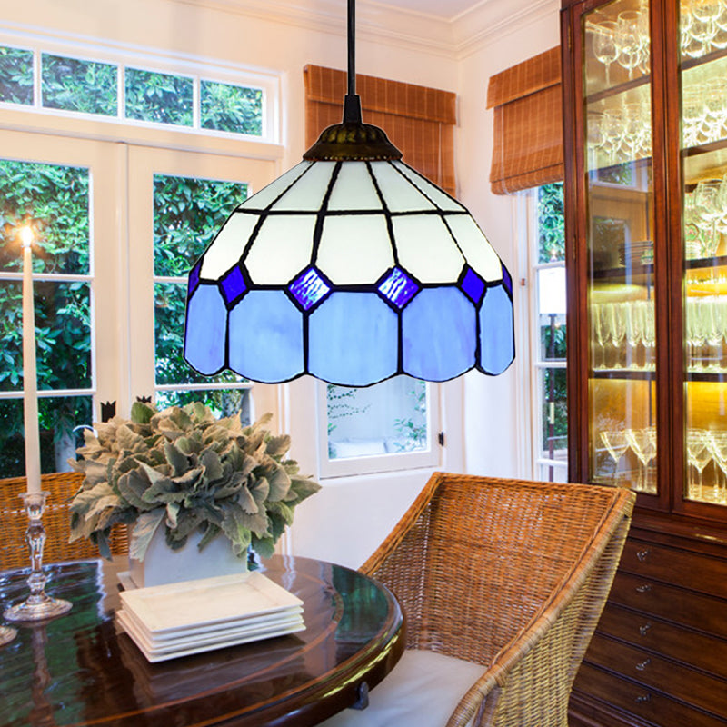 Handcrafted Tiffany-Style Suspension Lamp - Green/Light Blue/Dark Blue Light