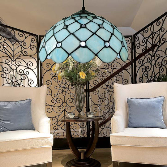 Mediterranean Blue Glass Jewel Hanging Light Fixture - 1-Light Pendant For Kitchen Island / Cord