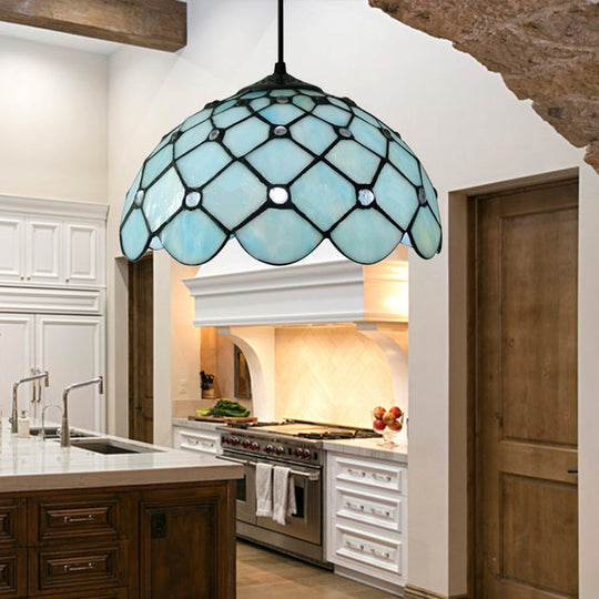 Mediterranean Blue Glass Jewel Hanging Light Fixture - 1-Light Pendant For Kitchen Island