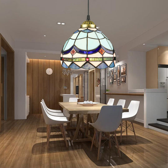 Dining Table Hanging Lights - Floral Shade Pendant Ceiling Lamp In Blue With Tiffany Style Art