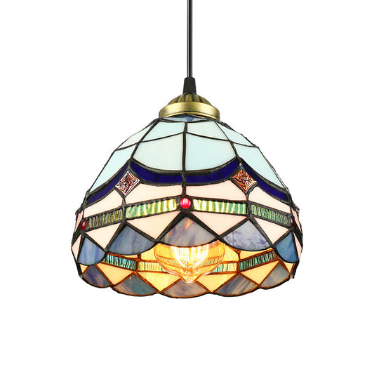 Dining Table Hanging Lights - Floral Shade Pendant Ceiling Lamp In Blue With Tiffany Style Art Glass