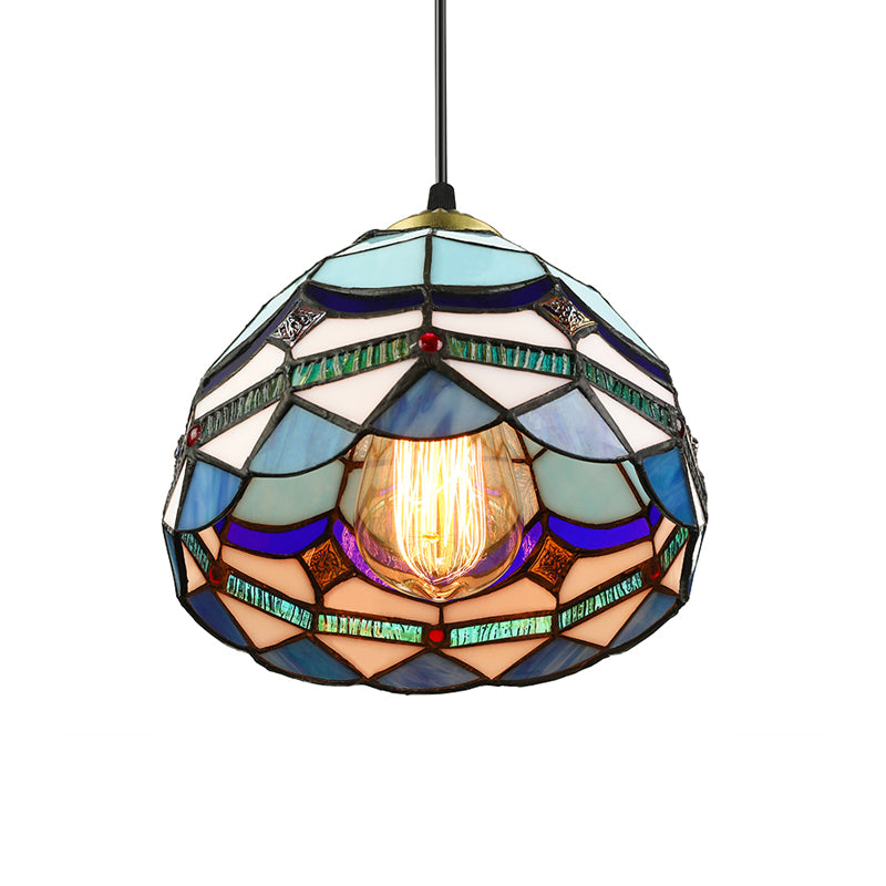Dining Table Hanging Lights - Floral Shade Pendant Ceiling Lamp In Blue With Tiffany Style Art Glass