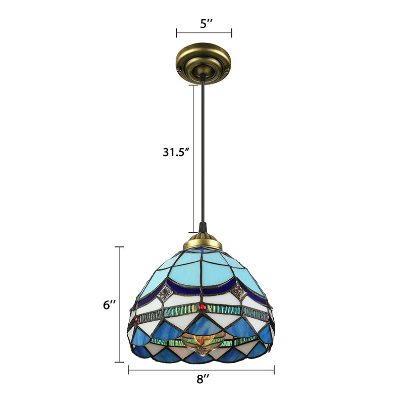 Dining Table Hanging Lights - Floral Shade Pendant Ceiling Lamp In Blue With Tiffany Style Art Glass