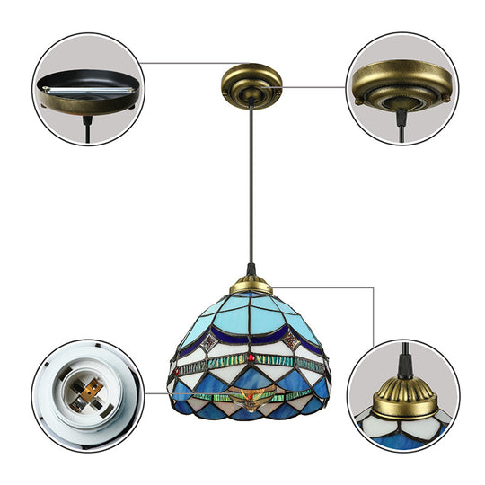 Dining Table Hanging Lights - Floral Shade Pendant Ceiling Lamp In Blue With Tiffany Style Art Glass