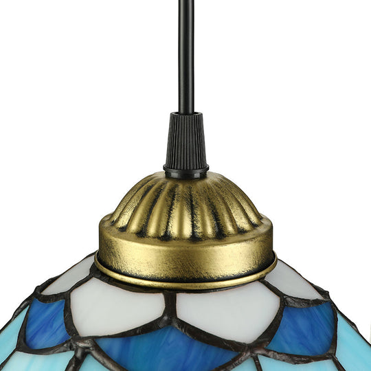 Dining Table Hanging Lights - Floral Shade Pendant Ceiling Lamp In Blue With Tiffany Style Art Glass