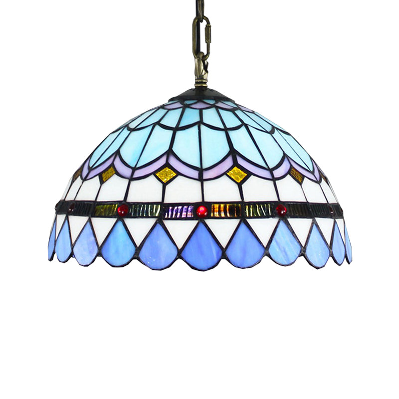 Dining Table Hanging Lights - Floral Shade Pendant Ceiling Lamp In Blue With Tiffany Style Art Glass