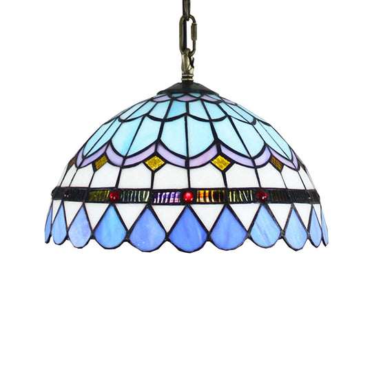 Dining Table Hanging Lights - Floral Shade Pendant Ceiling Lamp In Blue With Tiffany Style Art Glass