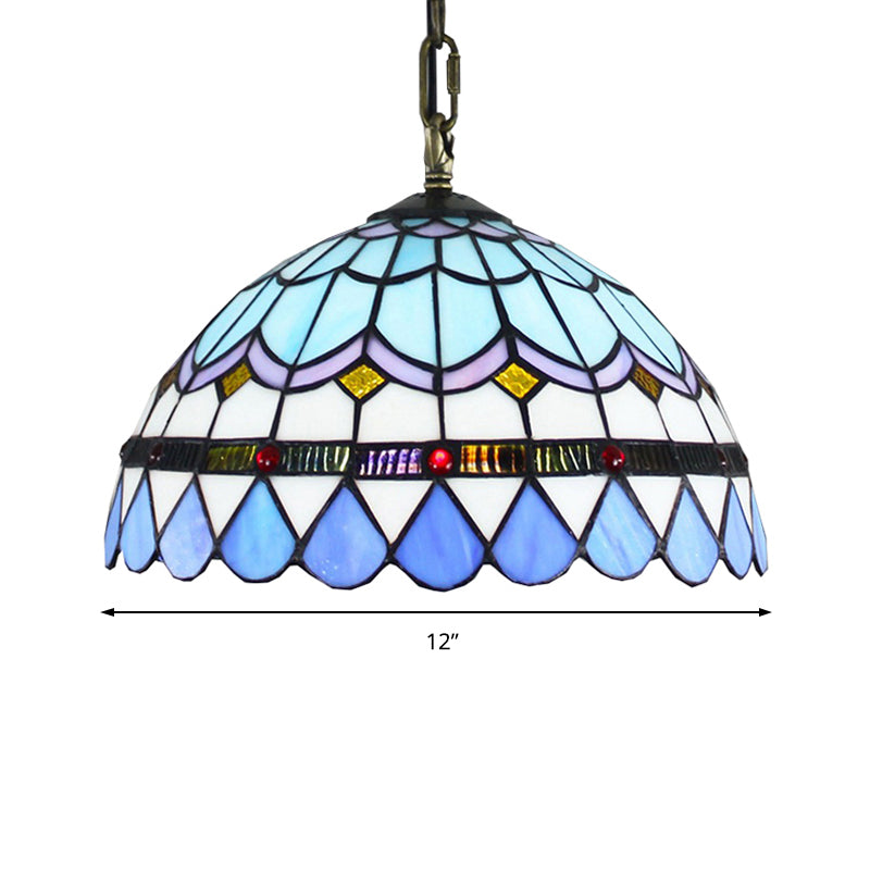 Dining Table Hanging Lights - Floral Shade Pendant Ceiling Lamp In Blue With Tiffany Style Art Glass