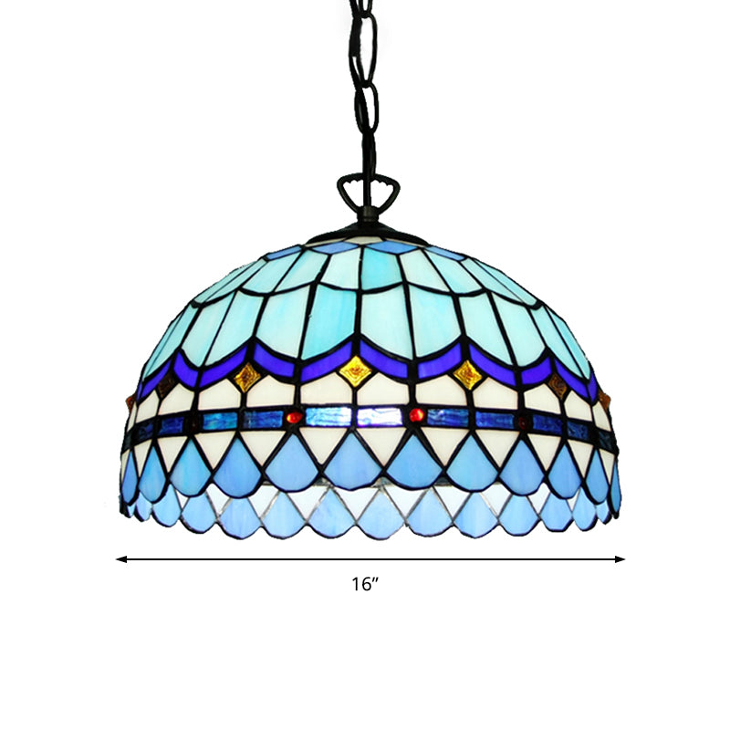 Dining Table Hanging Lights - Floral Shade Pendant Ceiling Lamp In Blue With Tiffany Style Art Glass