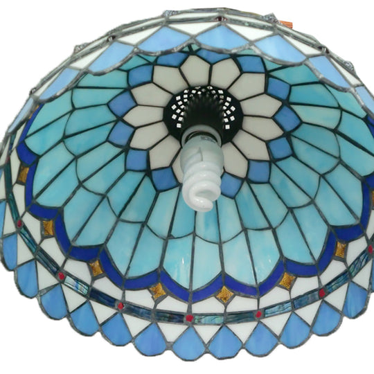 Dining Table Hanging Lights - Floral Shade Pendant Ceiling Lamp In Blue With Tiffany Style Art Glass