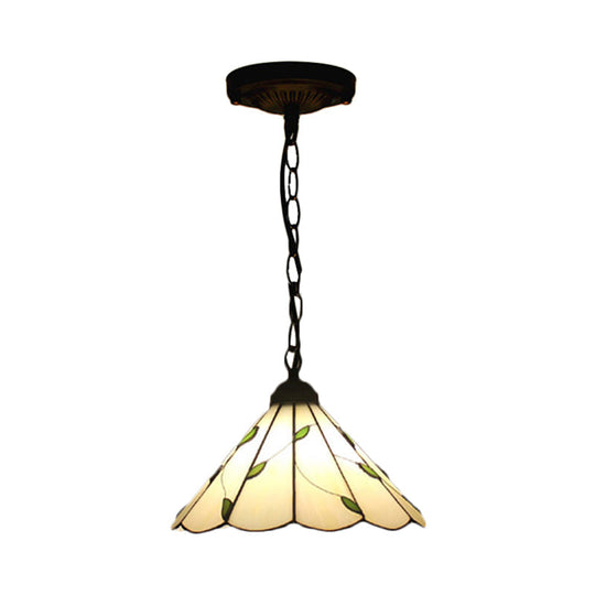Tiffany-Style Cone Pendulum Light - Handcrafted Art Glass Suspension Lamp In Beige (6.5’/12’/16’ W)