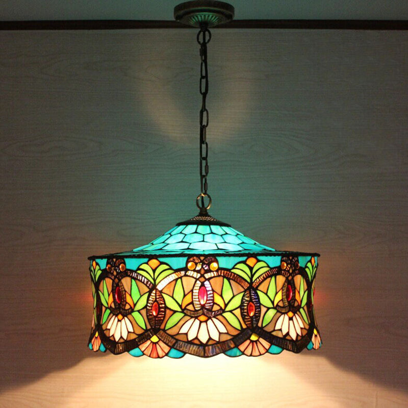 Victorian-Style Stained Glass Drum Pendant Light For Living Room - 18’ W