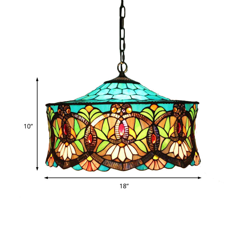 Victorian-Style Stained Glass Drum Pendant Light For Living Room - 18’ W