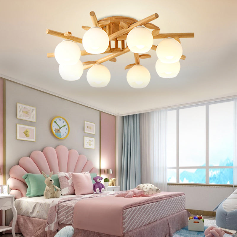 Semi Flush Opal Glass Ceiling Lamp With Wooden Branch - Creative Sphere Dining Room Light In Beige