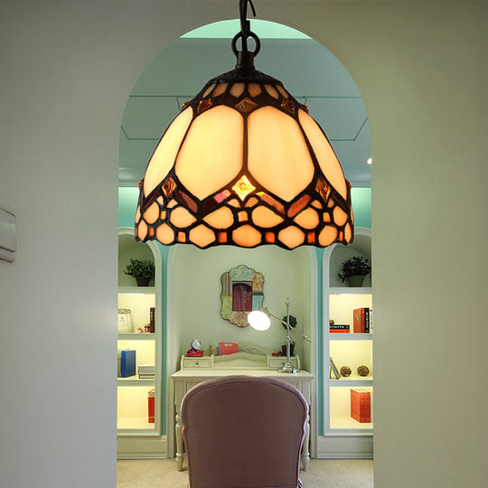 Tiffany-Style Beige Stained Glass Pendant Lamp - 1 Bulb Dome Down Lighting Suspension For Entryway