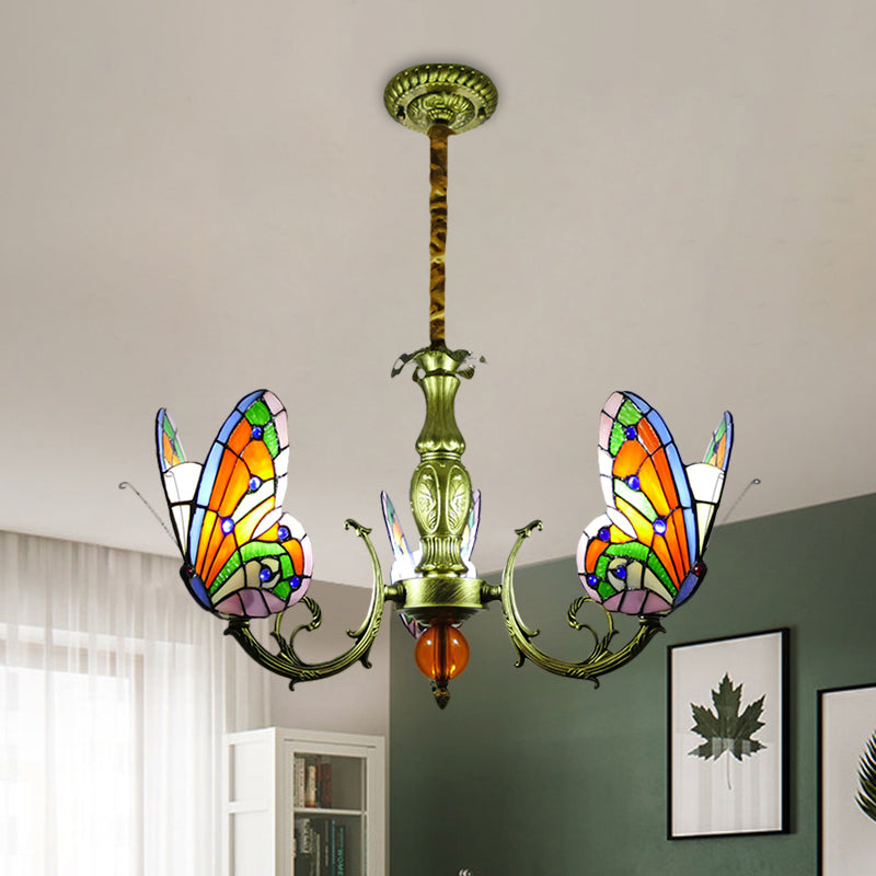 Stained Glass Butterfly Chandelier: Orange Yellow & Green Colors 3/5 Bulbs Perfect For Bedroom