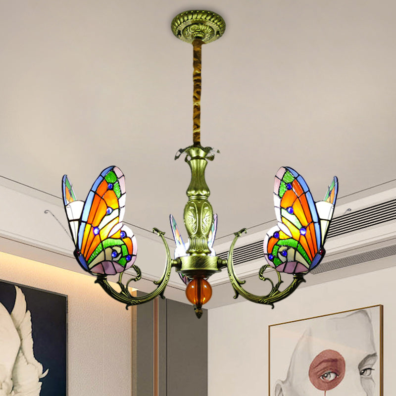 Stained Glass Butterfly Chandelier: Orange Yellow & Green Colors 3/5 Bulbs Perfect For Bedroom