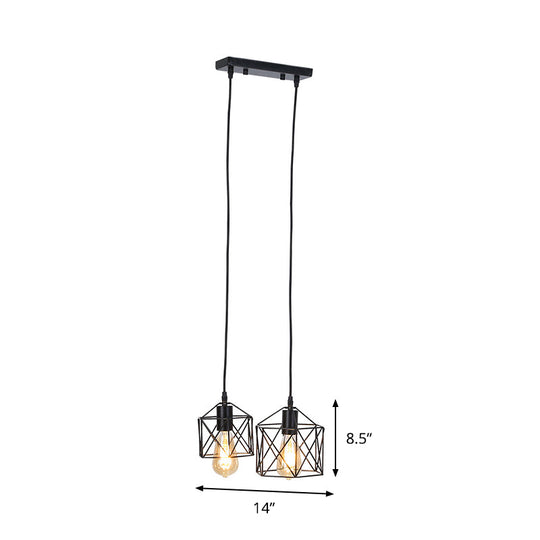 Retro Hexagon Multi-Pendant Ceiling Fixture With Black Metal Frame And 2 Lights