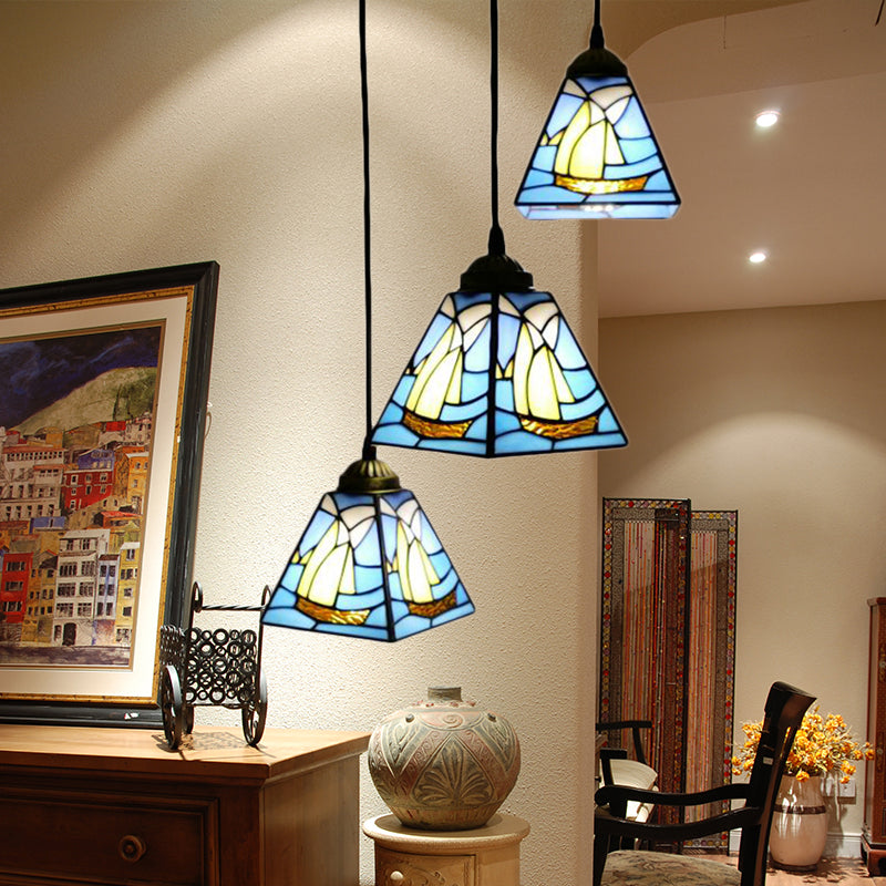 Blue Stained Glass Conical Tiffany Hanging Lamp - Mini Cluster Pendant With 3 Bulbs For Living Room