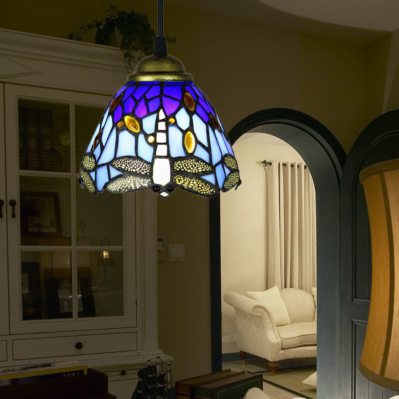 Rustic Stained Glass Dragonfly Pendant Light For Drop Ceilings