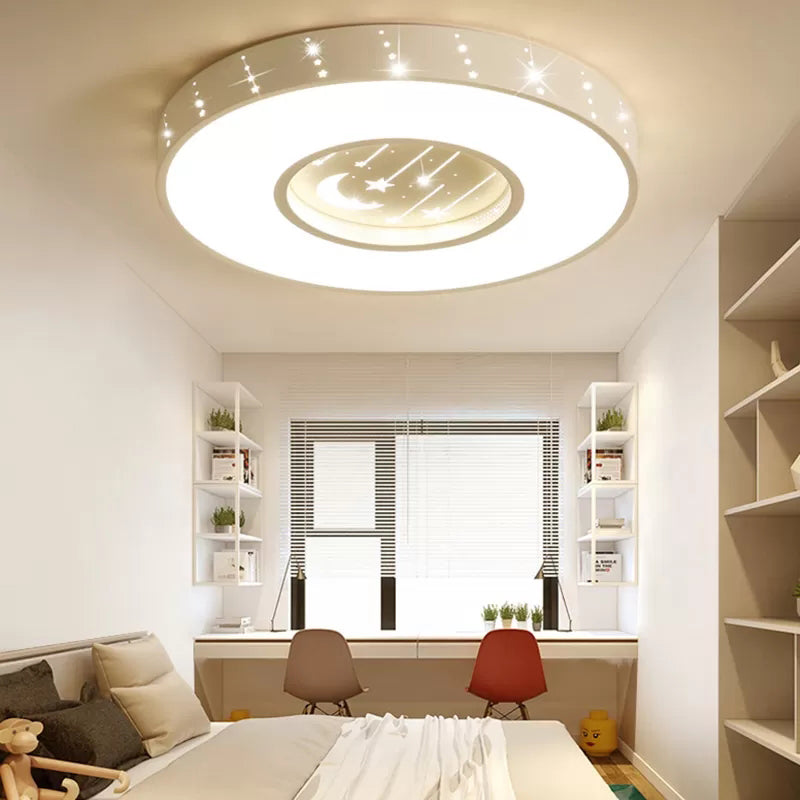 Metal Round Flush Light: Starry Ceiling Mount For Girls Bedroom In White /