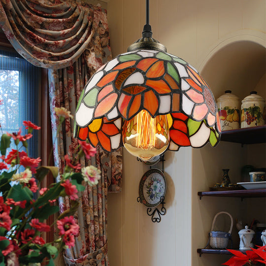 Tiffany-Style Stained Art Glass Hemisphere Pendant Lamp - Red/Orange/Green Ceiling Hanging Light Red
