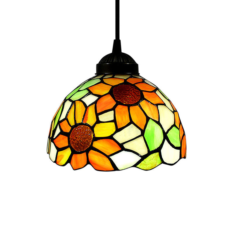 Tiffany-Style Stained Art Glass Hemisphere Pendant Lamp - Red/Orange/Green Ceiling Hanging Light