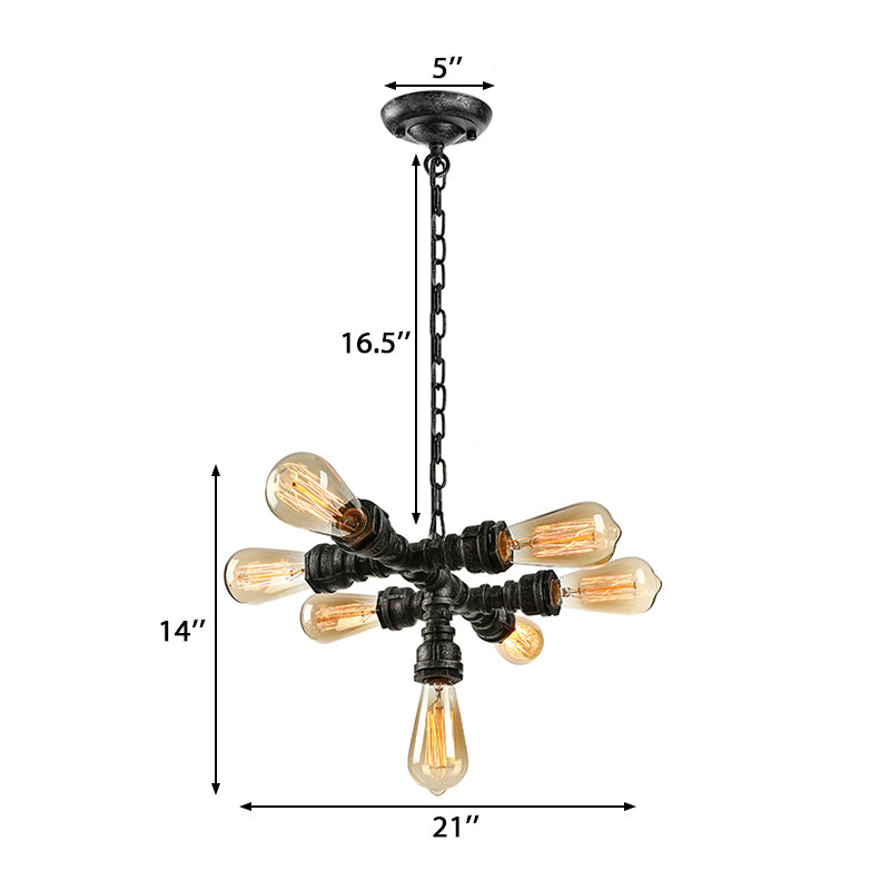 Vintage Style Iron Chandelier Lamp With Water Pipe - Dark Rust 7 Heads Ceiling Light Fixture