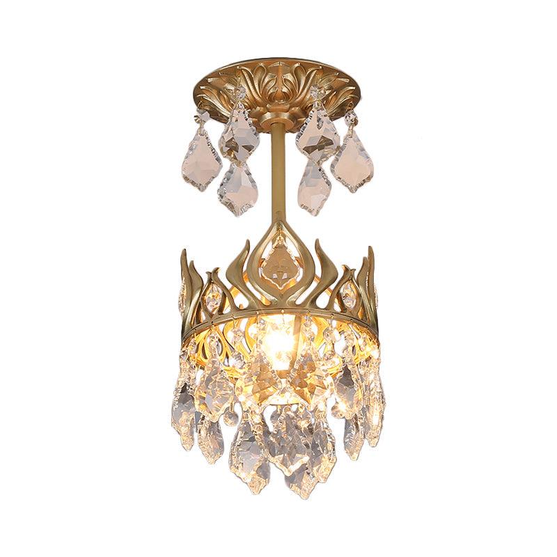 Gold Crown Raindrop Crystal Pendant Lamp Modern 1-Bulb Light Fixture For Restaurants