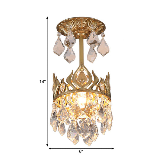 Gold Crown Raindrop Crystal Pendant Lamp Modern 1-Bulb Light Fixture For Restaurants
