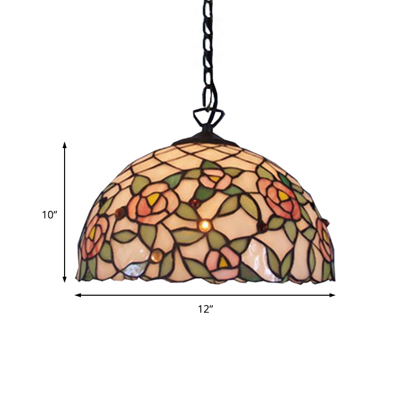 Hand Cut Pink Glass Tiffany-Style Pendant Light With Flower Pattern - Domed Suspension Design