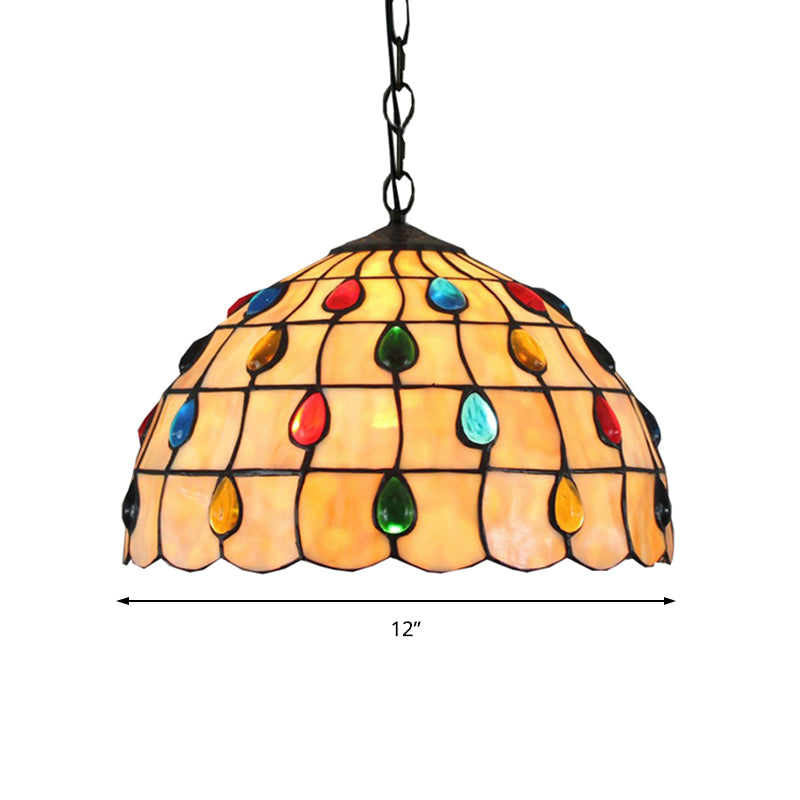 Tiffany Beige Stained Glass Stair Pendant Light With Beaded Shade