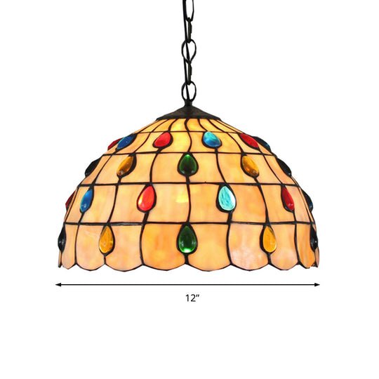 Tiffany Beige Stained Glass Stair Pendant Light With Beaded Shade